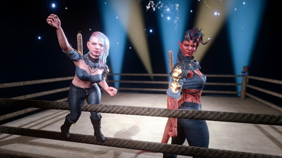 Ravioli and Karlach wearing matching wrestling gear and posing together in a wrestling ring.