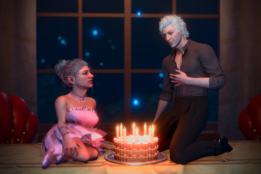 Ravioli is wearing a bright pink dress and Astarion is wearing a dark button shirt and pants. The scene is set in front of a large window and night and the room is fairly dark. In the middle sits a birthday cake illuminated by candles. Rav sits to one side