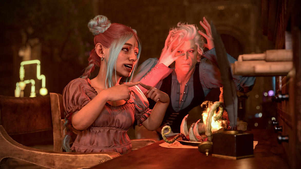 Ravioli is sitting at a desk, pointing her fingers together in a coy, innocent motion. She is glancing over at Astarion with a cheeky expression. Astarion is leaning over the desk, his head is in his hands as he's glaring at her. On the desk in front of th