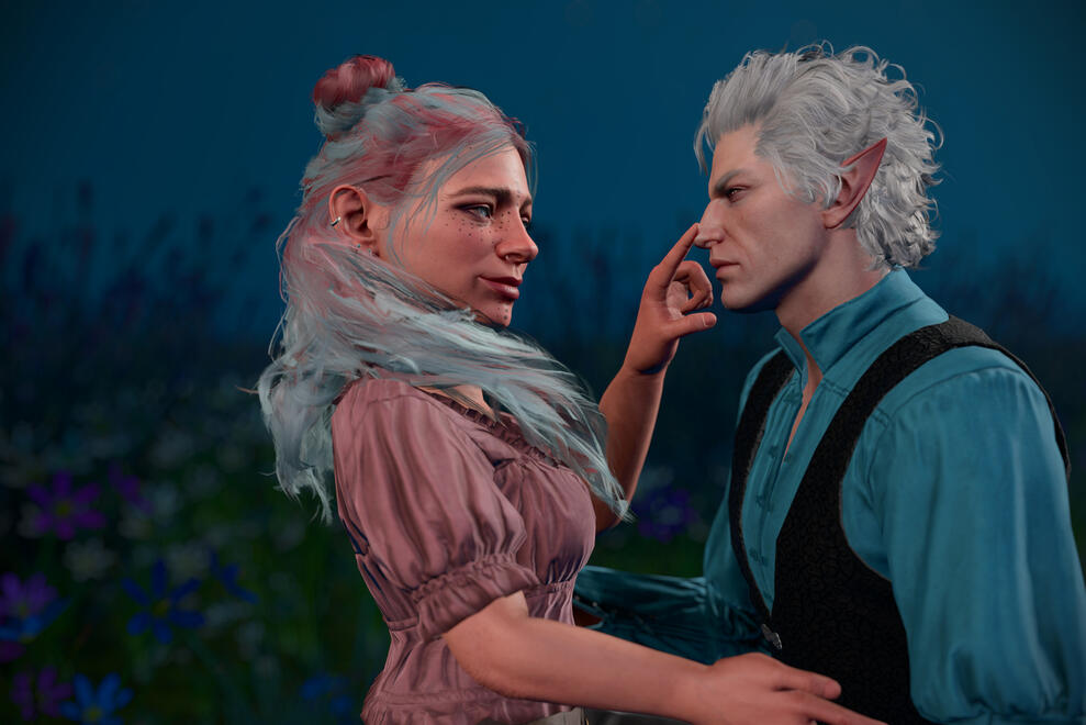 Ravioli and Astarion are wearing casual clothes. They're together in a flower-filled field at night. Ravioli looks mischievous as she pokes Astarion's nose with a little "boop". Astarion's brows are furrowed clearly not appreciating the gesture.