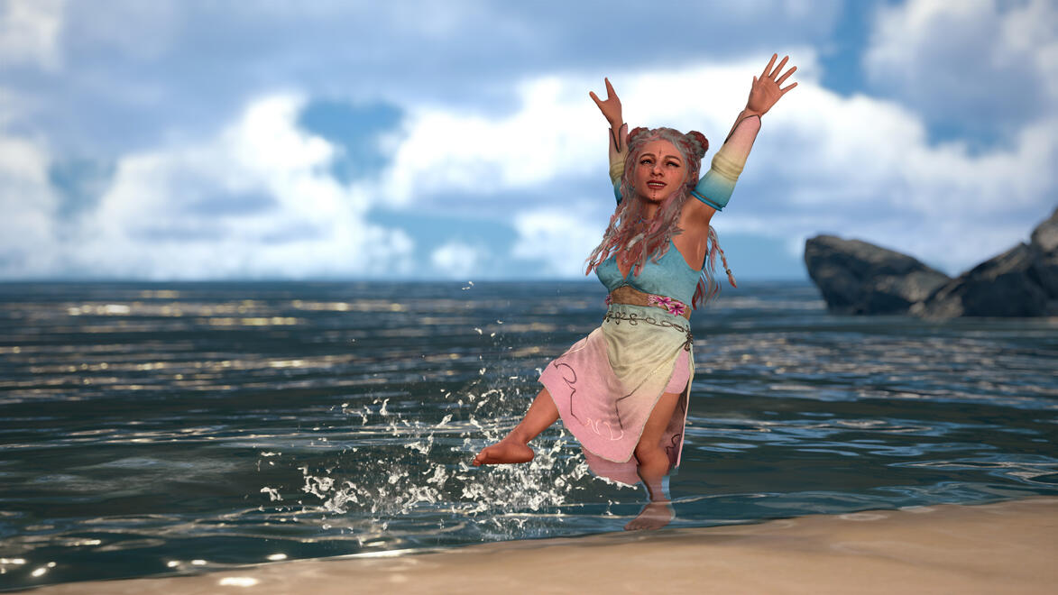 Ravioli is wearing a pastel flowing dress as she splashes in the ocean on a sunny day. She is smiling brightly.