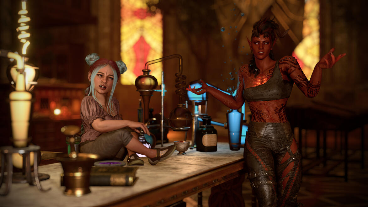 Ravioli is sitting on a table surrounded by lab equipment. Her head is titled with a questioning expression. Karlach is standing next to the lab table with her arms up, shoulders shrugging. She looks equally confused at whatever the two have done.