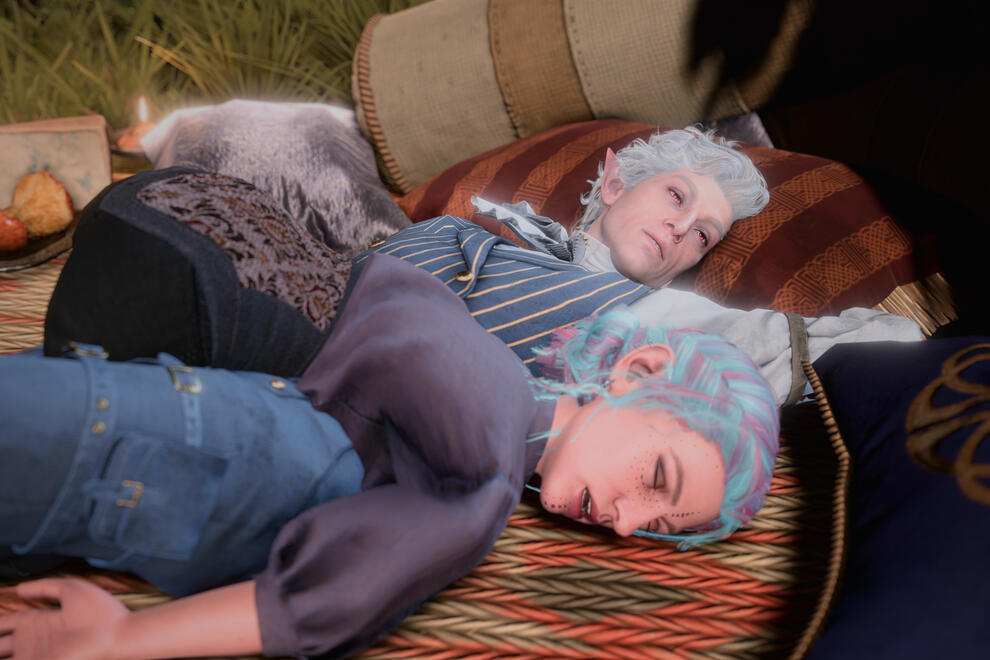 Morning is coming up over their campsite as the sun starts to wake Astarion and Ravioli. Astarion is lying on his back with arched brows, confused at the morning. Ravioli is draped across him like a blanket. Her mouth is hung open and she is still snoring.