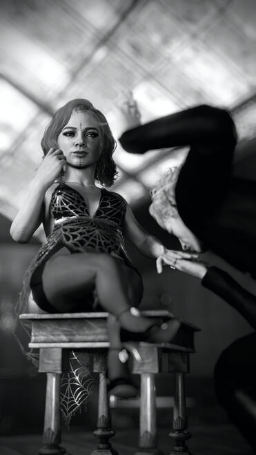 Ravioli is wearing a revealing black dress as she sits on a stool with her legs crossed. Her hand is extended as Astarion is kneeling down to kiss it.