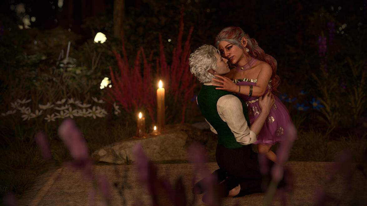 Astarion is kneeling on a blanket in a garden area at sunset. Raviol is standing next to him and brushing his cheek as he holds on to her.