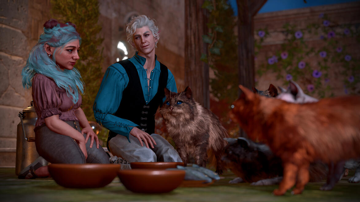 Astarion and Ravioli are kneeling down in their backyard. It is late out. In front of them are several bowls of cream and a plate of fish. Both of them have affectionate smiles on their faces as several hungry stray cats approach to enjoy dinner with them.