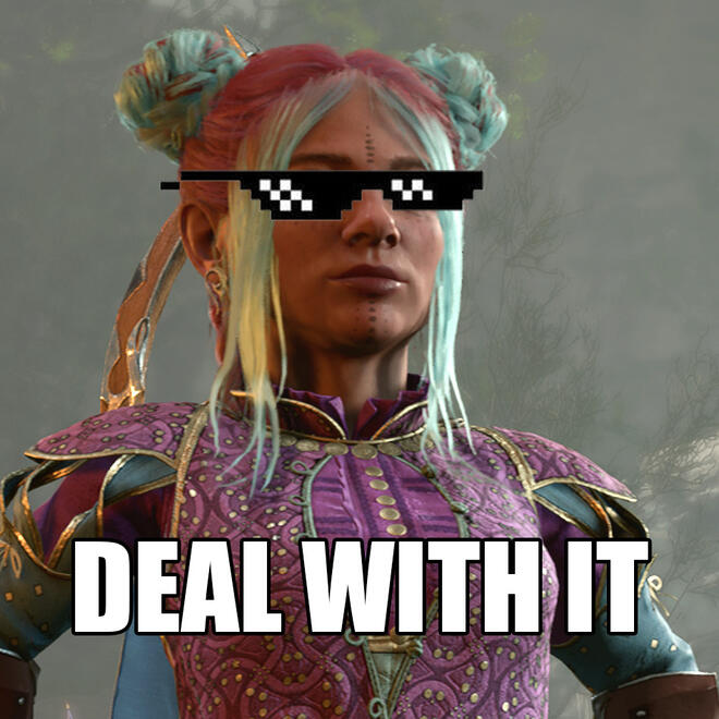 Ravioli wearing the pixelated meme sunglasses with "deal with it" text