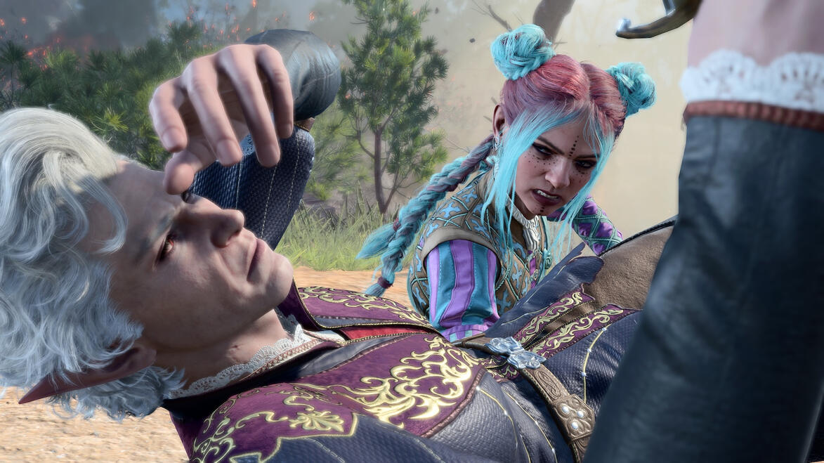 Astarion is lying on his back reaching for his forehead as Raviol leans over him with a scowl. She has just finished head-butting him.