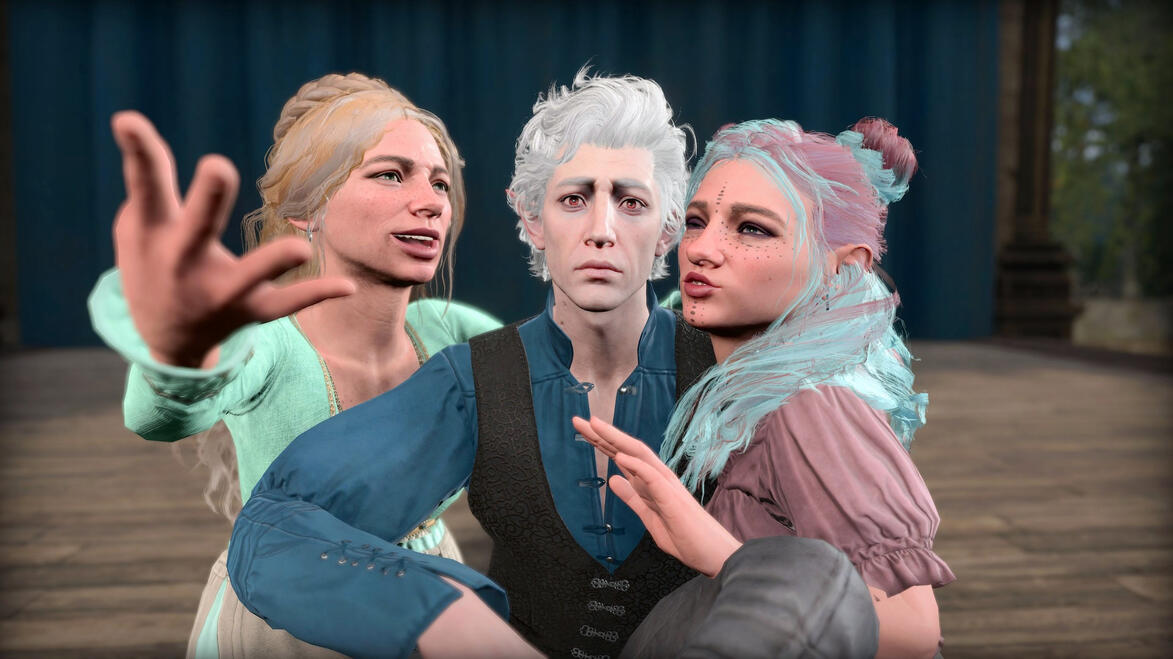 Astarion is sitting down and looking miserable as two similar looking halfling women stand on either side of him, singing badly in his ears.