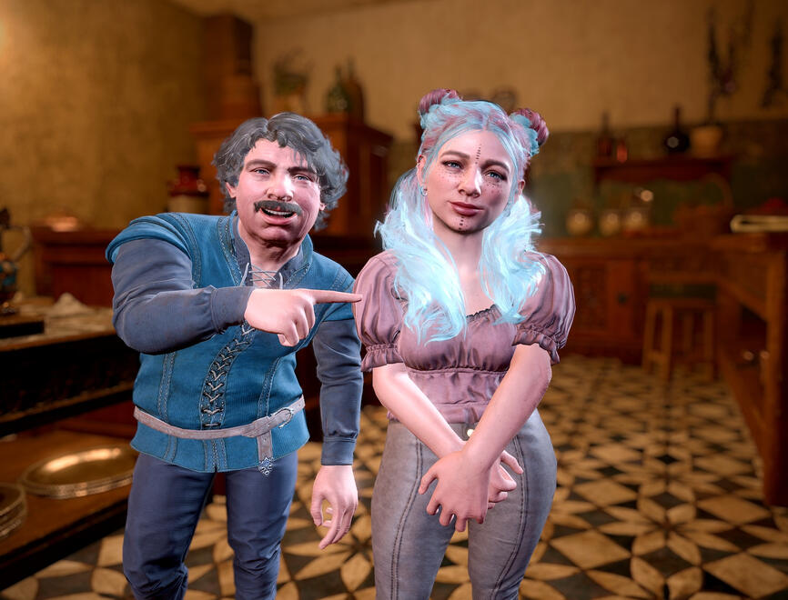 a dark-haired older man with a moustache points proudly at his daughter