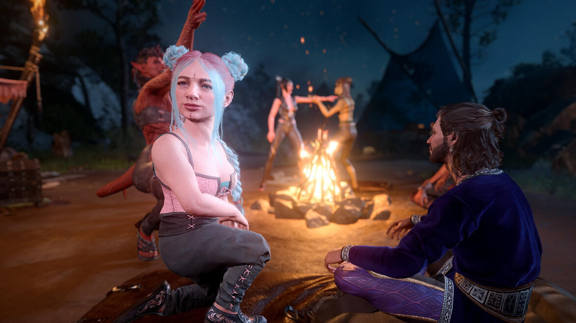 Just a typical night at camp. Raviol is kneeling beside a campfire. She is looking back over her shoulder with a smile as the rest of the companions are relaxing around the fire behind her (except Lae'zel and Shadowheart, who are fighting).