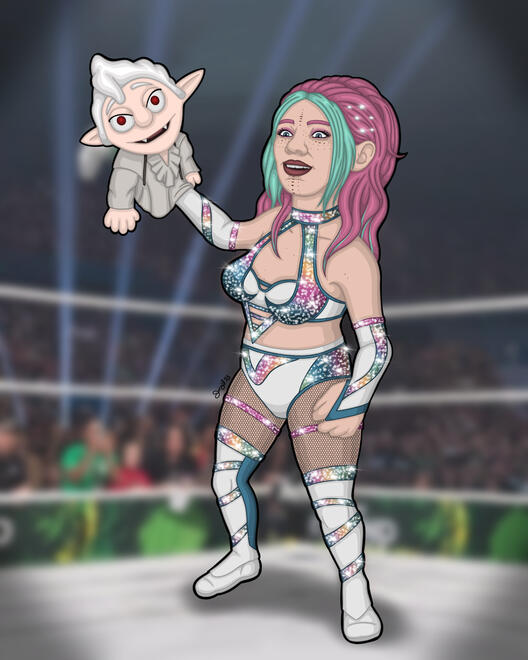 Ravioli dressed in wrestling ring gear inspired by Harley Cameron. Her eyes are wide as she holds up an Astarion puppet in her right hand over her head. She's standing in the corner of a wrestling ring with a large, blurry crowd behind her.