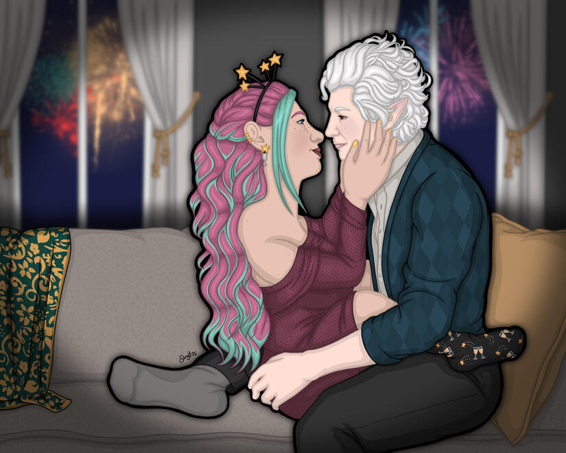 After last year's ruckus, a modern AU Rav and Astarion have opted for a quiet New Year's Eve in together this year.