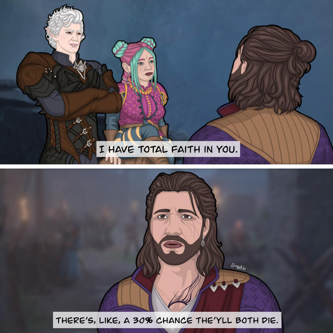 Top panel: Astarion is standing with his arms cross, a cocky smirk across his face. Ravioli is sitting on a stone wall, legs slightly crossed, looking out in confusion. Gale is standing back to, talking to them. "I have total faith in you." The group are i