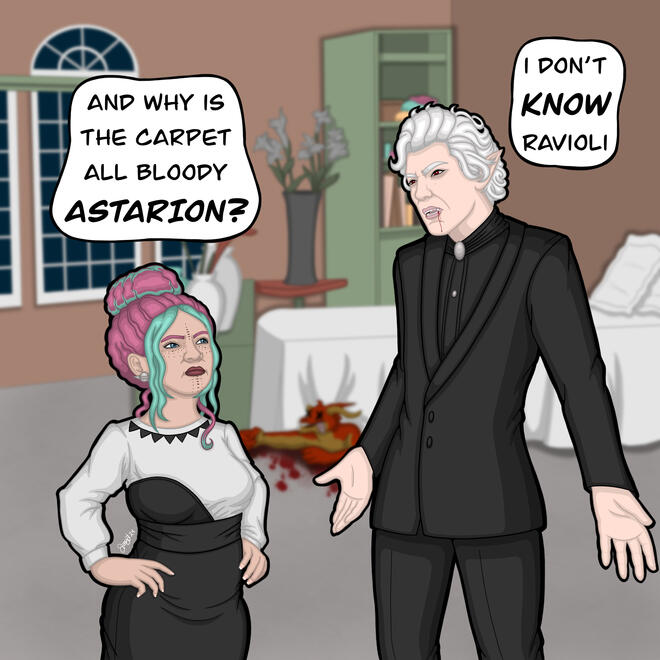 Astarion and Ravioli are dressed as Todd and Margo from National Lampoon's Christmas Vacation. They are recreating the "carpet is wet scene" only the carpet is now bloody thanks to a dead kobold haphazardly stuffed under the bedskirt.