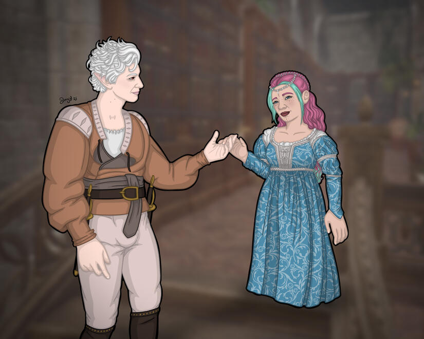 Illustration of Astarion and Ravioli dressed as Henry and Danielle from the movie Ever After. Astarion is wearing an loose-fitting tan jacket with puffy sleeves, cream pants, and a dark brown leather belt with dark brown leather knee boots. Ravioli is wear