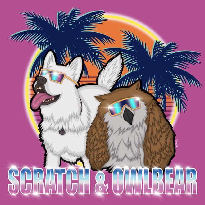 Scratch and Owlbear from BG3 illustrated in an 80s vapor wave Outrunners-style design