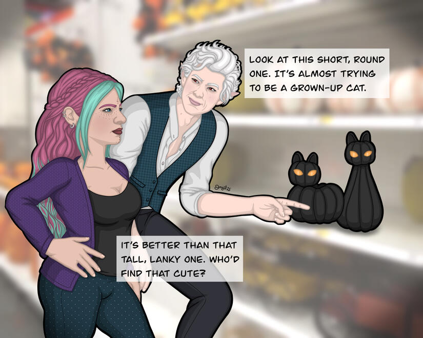 Astarion and Ravioli are wearing modern clothing. The two are together in a department store aisle looking at Halloween decorations. They stop to look at a pair of black cats. Astarion leans over and points mockingly, "Look at this short, round one. It's a