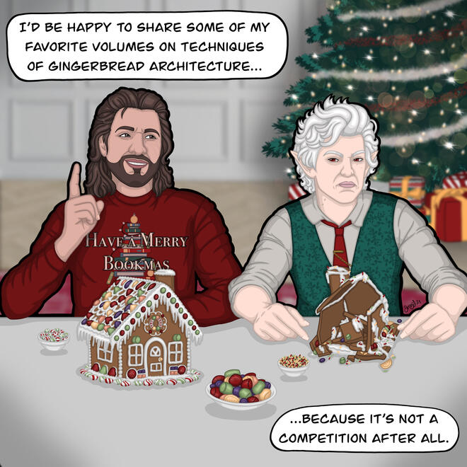 It's Christmastime and Gale and Astarion are making gingerbread houses together. Gale's is immaculate and he looks proud. Astarion's is a mess and he looks like he's about to smash Gale's house.