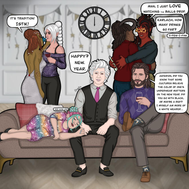 Astarion is sitting in the middle of the couch while Rav is asleep next to him. Gale is sitting on his other side, rambling away. Behind them Lae'zel is trying to kiss an unfazed Shadowheart while a drunk Karlach is hugging Wyll tightly.