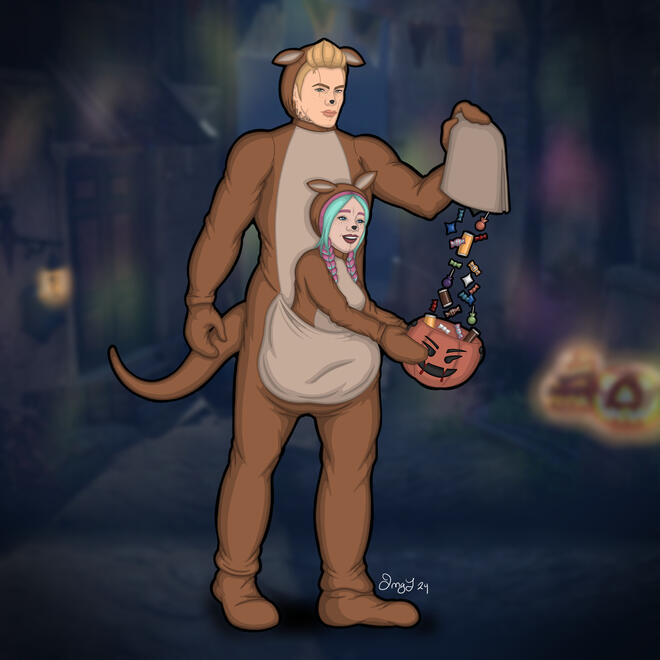 Rae is a large elf wearing a kangaroo costume. Rav is wearing a joey costume and is riding in his pouch. She eagerly holds her candy bucked out so he can empty his candy bag into hers.