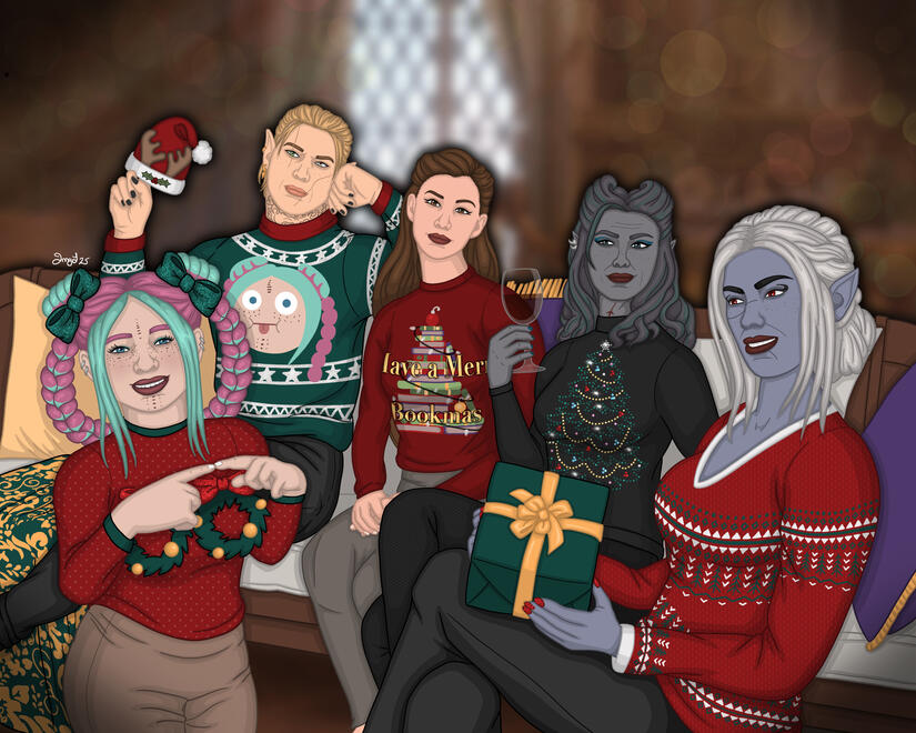 Ravioli hosting an ugly sweater party for her friends Rae, Seraphina, Vera, and Eldari.
