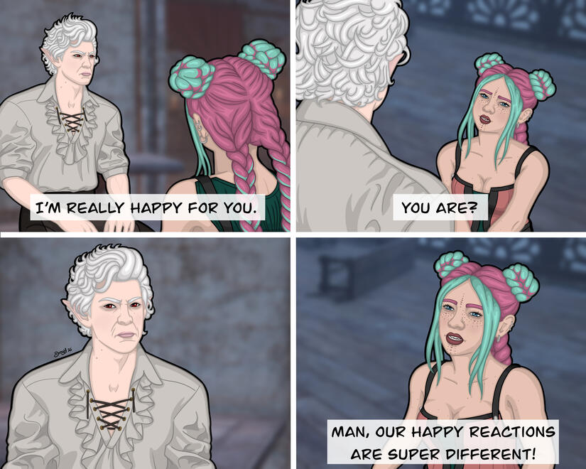 4-panel comic illustration. Astarion is sitting down, staring off irritated as Ravioli approaches him. He says, "I'm really happy for you." Ravioli looks up at him with a questioning expression, "You are?" Astarion is glaring off to the side. Ravioli looks