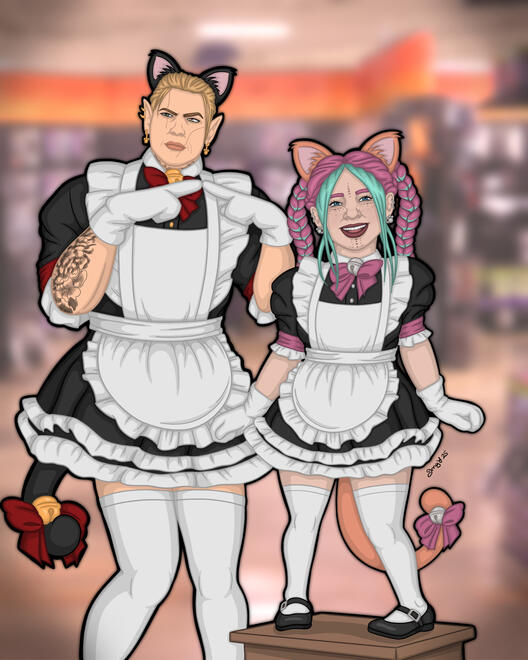 Rae,a tall strong elf with blonde hair, and Ravioli, a tiny pink-haired halfling, are wearing almost-matching kitty maid costumes in the middle of a costume shop. Rae is pointing his fingers together in a cute way while looking off to the side either in ir