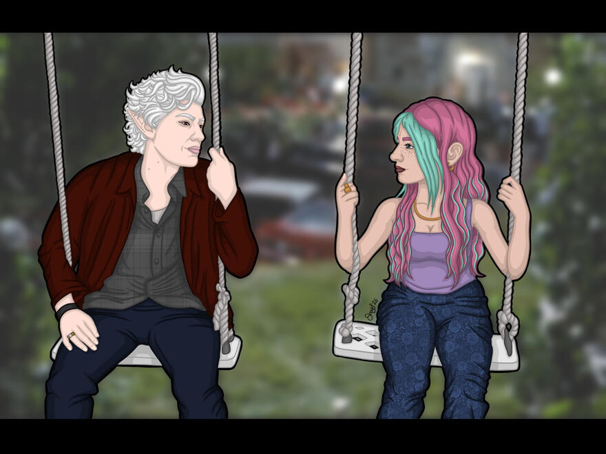 A modern AU Astarion and Ravioli re-enact the swing scene from the movie 10 Things I Hate About You. Astarion is on the left swing, and Ravioli is on the right.