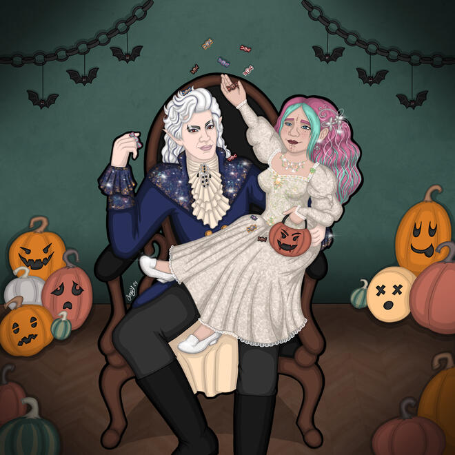 Astarion is dressed as Jareth from Labyrinth as he sits in an ornate chair. Rav is dressed as Sarah in her ball gown. She's sitting across his lap, kicking her feet, and tossing candy with a smile. They're surrounded by pumpkins and other halloween decorat