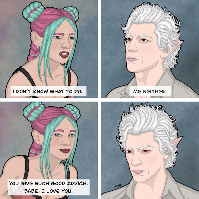 Illustration of Ravioli and Astarion having a conversation inspired by a scene from Parks and Recreation. Ravioli is confused as she asks, "I don't know what to do." Astarion looks at her, equally confused, "Me neither." Ravioli responds with a big smile,