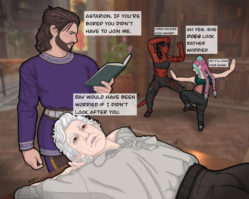 Gale is standing, reading a book as he says "Astarion, if you're bored you didn't have to join me." Astarion is lying on his back, hands behind his head, his expression is utter apathy and boredom, "Rav would have been worried if I didn't look after you."