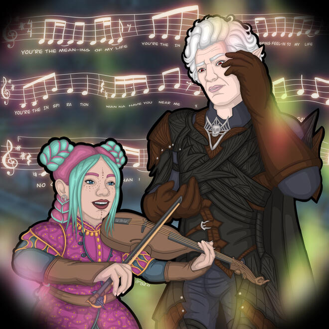 Ravioli wearing her pink combat armor, playing music and singing poorly as a stressed out Astarion rubs his temples and grimaces.