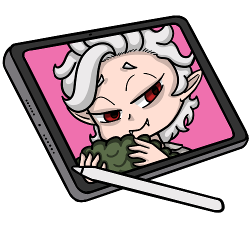 illustration of an iPad with a pencil, on the screen is a cartoon version of Astarion holding a green shrub with a cocky smirk