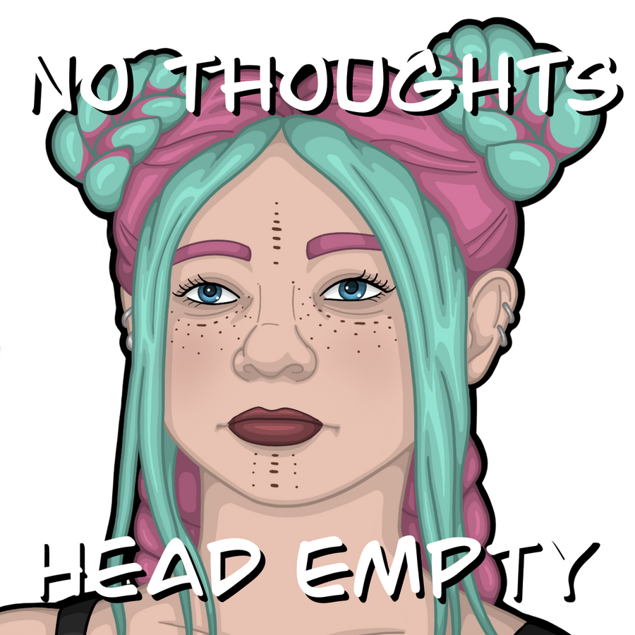 Illustration of a confused Ravioli with text: No thoughts, head empty.